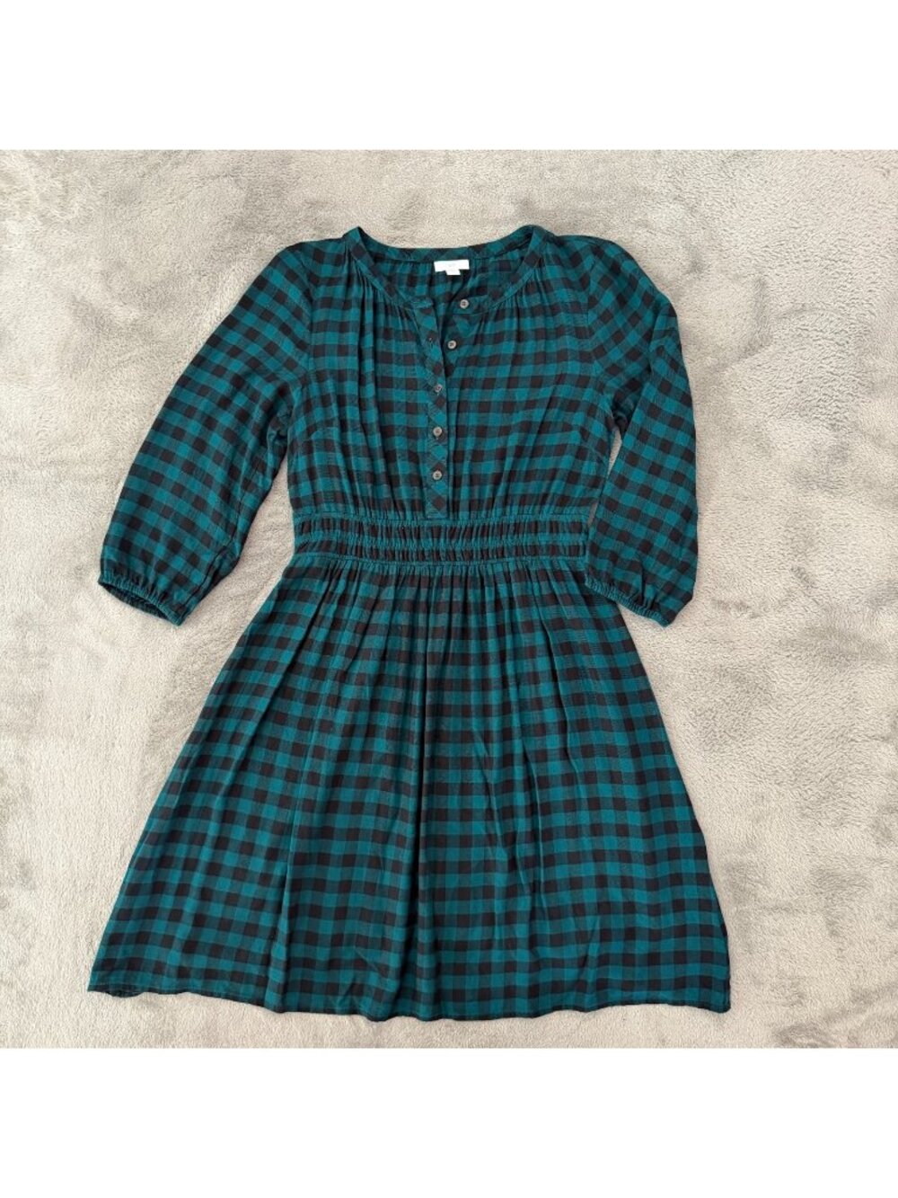 J. Jill Blue Black Plaid 3/4 Sleeve Dress Womens SMALL Smocked Waist